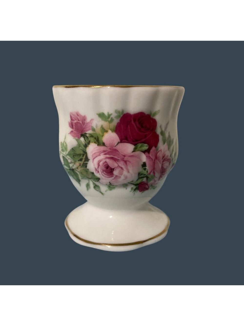 Vintage Fine Bone China Egg Cup With Pink & Red Rose Design Made In England